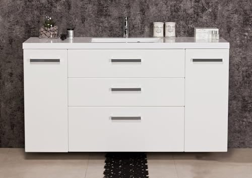 Quentis Badmöbelset Genua Breite 140 cm, weiß glänzend, Waschbeckenunterschrank montiert (weiß glänzend, 3 Schübe)