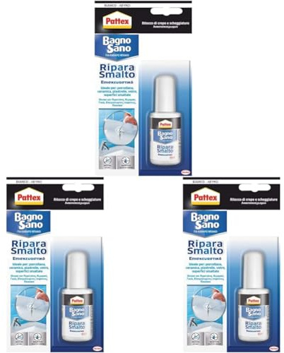 Pattex Bagno Sano Ripara Smalto, Smalto acrilico a base acqua per ritocchi di scheggiature con effetto vernice, Smalto per piastrelle con potere riempitivo e pennellino, 1x50ml (Confezione da 3)