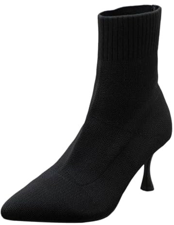 Botines Mujer Cuero Altos Calcetines transpirables de punto casual simples de color sólido para mujer Tacones altos Botas de punta media con tacón fino Botines Bajo Ginocc, Negro , 37 EU