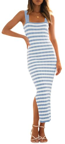 MEROKEETY Womens Spring Summer Bodycon Midi Dress 2026 Beach Vacation Sleeveless Striped Tank Ribbed Knit Sweater Dresses, Blue, M