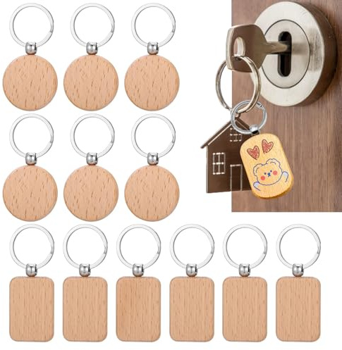 RXKFIGX nyckelring trä råämnen 12 stycken tränyckelring nyckelring personlig skrivbar gör-det-själv blank nyckelring trähänge för målning nyckel handväska plånbok present, Träfärg, 8-3cm