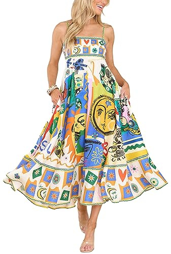 Qianderer Women Cute Print Maxi Cami Dress Loose Sleeveless Spaghetti Strap Boho Dress Flowy Graffiti Beach Long Aline Sun Dress