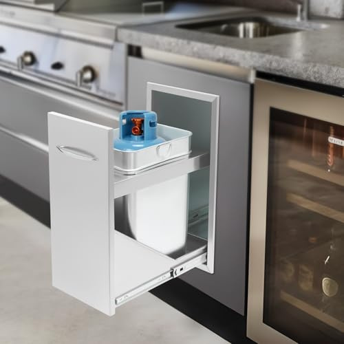 LOHISHILO Pull Out Trash Drawer, Lower Sliding Rails Stainless Steel Roll Out Trash Bin Pull Out Tray Outdoor Kitchen Trash Drawer with Handle for BBQ Island Grill Station 13.4 * 19.5 * 25.6in