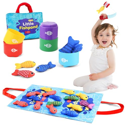 AOOWU Angelspiel, Montessori Angelspielzeug Spielzeug, Spielzeug ab 2 3 4 5 Jahre, Felt Fishing Toys fördert Feinmotorik und Hand-Auge-Koordination, 22 teilig, Mehrfarbig