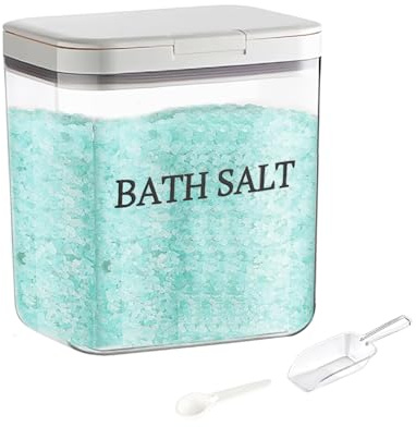 Juego de sales de baño de plástico transparente 2L con cuchara dosificadora, depósito de sal de baño con tapa hermética, tarro organizador para baño o cocina, ideal para azúcar, especias o polvos