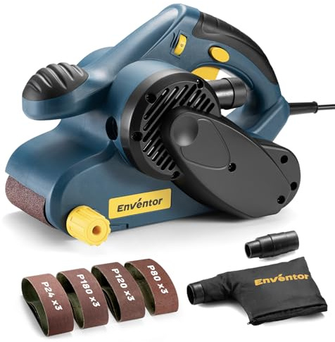 Enventor 950W Belt Sander, 6-Variable Speed (120-380 RPM), 2-in-1 Machine with Dust Bag & 12 PCS Sanding Belts (P80, P120, P180, P240) 76x533MM