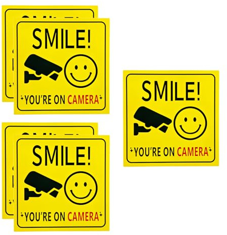 Tabanzhe Smile You Are On Camera Sign 5 Pack,CCTV Stickers Waterproof Self-Adhesive Vinyl Security Camera Warning Decals for Window Door Home Shop Office Outdoor Use (100x100mm)
