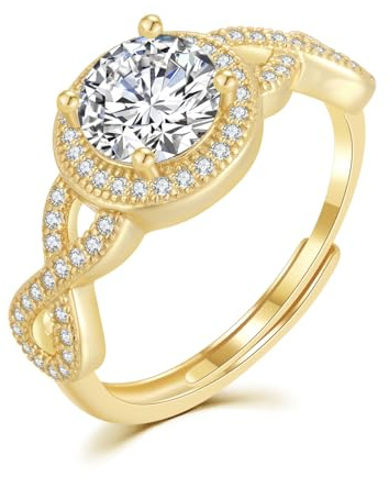LYL.Adorer Anillo Infinito Ajustable para Mujer (50-60) - Moissanita de 1 Quilate - Plata de Ley 925 - Anillo de Compromiso y Boda - Incluye Caja Regalo | Oro Amarillo