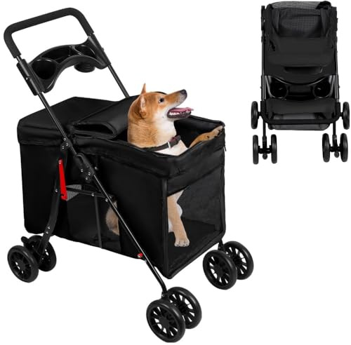 OHMG Passeggino cane gatto passeggino pieghevole cuscino incluso ruote con freno tessuto 600D Oxford acciaio per animali meno di 20 kg, 95 x 75 x 49 cm