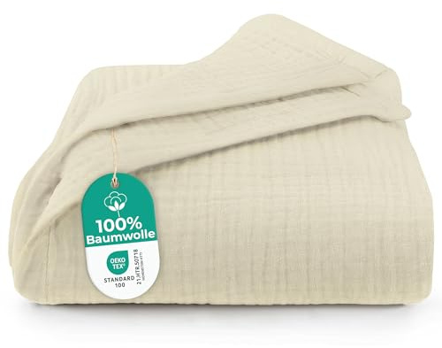 Dreamzie Musselin Tagesdecke 150x200 cm – Baumwolldecke Oeko-Tex Zertifiziert – Atmungsaktive Kuscheldecke – leichte Kuscheldecke Baumwolle als Sofa-, Bett- & Couchüberwurf – Elfenbein