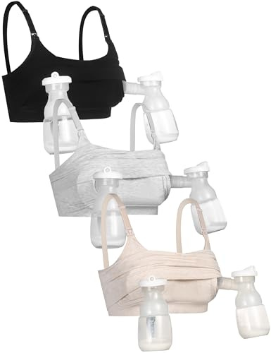 GXXGE 3Pack Hands Free Pumping Bra, Adjustable Pumping & Nursing Bra with EasyClip for All Breast Pumps Cotton Sleep Bra Black Beige Grey Medium