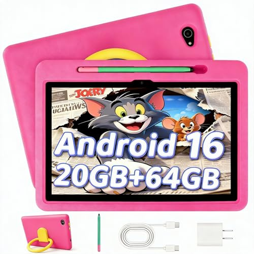Laptok Tablet Bambini 10 Pollici Android 16 Tablet, 20GB RAM 1TB TF, Controllo Parentale, Batteria 6000mAh, WiFi 6/BT 5.3, Tablet con Custodia Protettiva - Rosa