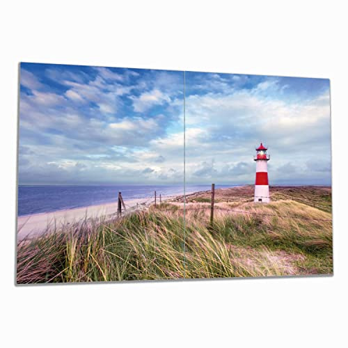 Wallario Herdabdeckplatte/Spritzschutz aus Glas, 2-teilig, 80x52cm, für Ceran- und Induktionsherde, Leuchtturm am Strand von Sylt
