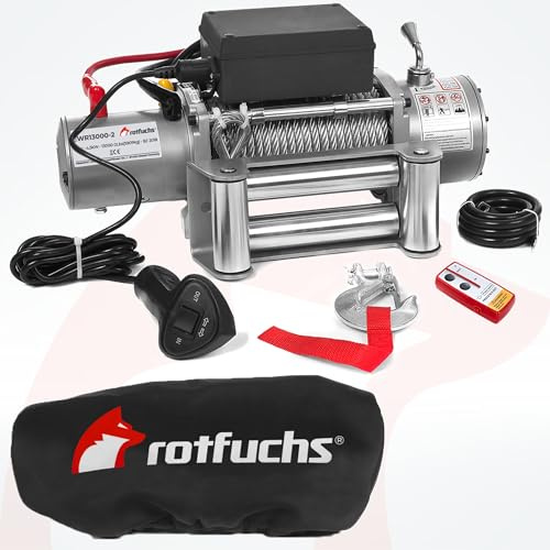 ROTFUCHS Elektrische Seilwinde 12v mit Funkfernbedienung & Schutzhülle – 5909 kg 13000 lbs, 6 PS Power Offroad 4x4 Motorwinde Umlenkrolle Forst Seilzug mit Stahlseil