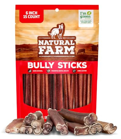 Natural Farm Bully Sticks (6 Inch, 15 Count), Single Ingredient: 100% Beef Chews, Grass-Fed, Non-GMO, Grain-Free, Fully Digestible Treats for Puppies, Small or Senior Dog