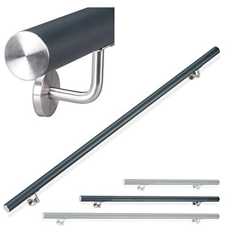 Relaxdays Handlauf Aluminium, rund, Treppengeländer innen & außen, matt, 150 cm, Ø 42mm, mit Wandhalterung, anthrazit
