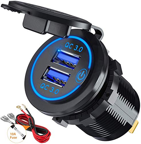 GemCoo Quick Charge 3.0 Prise de Chargeur Rapide de Voiture USB Adaptateur avec Interrupteur 12V / 24V 36W Dual QC3.0 USB pour Marine, Bateau, Moto, Camion (Bleu1)