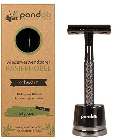 pandoo Rasierhobel inkl. Halterung aus Metall, eBook & 10 Klingen | Zero-Waste Rasierer | Sicherheits-Rasierhobel | Safety Nassrasierer | Männer und Frauen | geschlossener Kamm | Schwarz