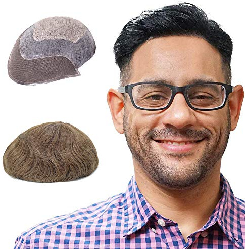 Lordhair Knotenlos Toupet für Männer, Haut Eben Injiziert Spitzenfront Mensch Haar System, Basisgröße 8x10 Zoll Leichte Mittlere Dichte Herren Haarteil
