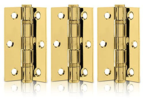 XFORT 3 Inch (75mm) Polished Brass Ball Bearing Hinges, Steel Door Hinge for Wooden Doors (1.5 Pairs)