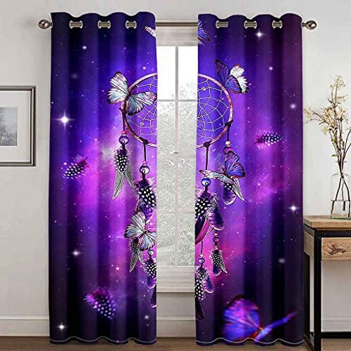PVMLVM Gardinen 2 Stück Verdunkelungsvorhänge Mit Ösen Vorhänge Blickdicht Kälte- Und Wärmeisolierung/B280 x H260cm Lila Schmetterlings-Traumfänger 3D Vorhang Balkon Schlafzimmer Badezimmer Vorhänge