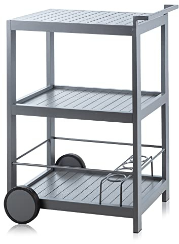 Alfresia Aluminium Garden Bar Trolley – 3 Tier Drinks Stand on Wheels, Cocktail Bar Set, Wood Effect Countertops, Grey, Water and Rust Resistant, Outdoor Bar Trolley for Garden and Patio, Durable