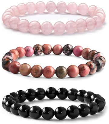 Adramata 3Pcs Bracelet Pierre Naturelle Femme en Pierre Naturelle de 8MM Perle Bracelet Anti Stress Élastique Empilable Pour Femmes Et Homme - Quartz Rose/Rhodonite/Obsidienne Noire Naturelle Bracelet