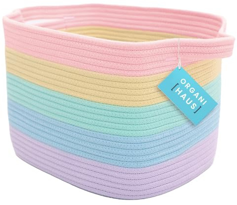 OrganiHaus Rainbow Storage Baskets for Shelves & Bathroom, Small Laundry Basket, Cotton Rope Woven Organiser for Clothes, Toys & Towels, Decorative Home Storage Box - 34x28x24cm