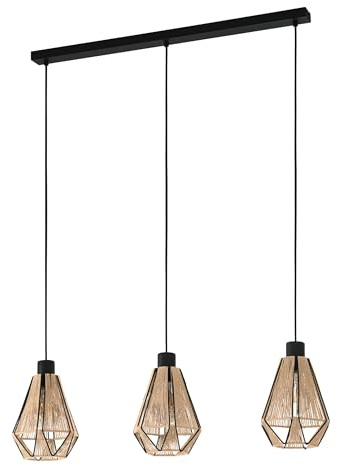 EGLO Pendelleuchte Esstisch Adwickle, 3-flammige Hängelampe für Wohnzimmer und Esszimmer, Textil Esszimmerlampe aus Hanf in Natur und Metall in schwarz, Lampe hängend mit E27 Fassung