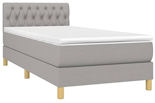 vidaXL Boxspringbett mit Matratze LED Polsterbett Bett Einzelbett Bettgestell Bettrahmen Lattenrost Hotelbett Schlafzimmerbett Hellgrau 90x200cm Stoff