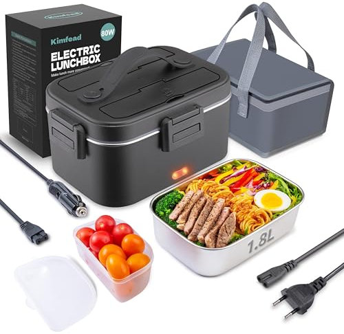 Kimfead Scaldavivande Elettrico Portatile 80W Lunch box elettrico 1,8L PortaPranzo Elettrico 12V/24V/230V Acciaio Inox Rimovibile Auto/Camion/Ufficio, Borse(1.8L-Nero)