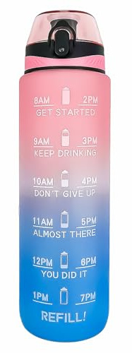 Active 100 Water Bottle 1L Sports Water Bottle with Motivational Time Marker, Dishwasher Safe Leak-proof Drink Bottle BPA Free Non-Toxic for Running,cycling, Gym, School & Office (Pink Blue)