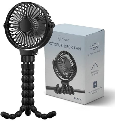 CUQOO Ventilador USB Portátil Pulpo Negro - Mini Ventilador Escritorio 3 Velocidades - Recargable con Trípode Flexible para Oficina, Coche y Viajes