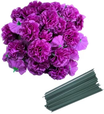 50 künstliche Seiden-Nelken-Blütenköpfe mit Stielen, Vasenfüller, Ringelblumenköpfe für Diwali-Dekoration, Tag der Toten, Kuchendekoration, 5.1 cm Blütenblätterköpfe mit 20.3 cm Stielen (lila Rot ED)