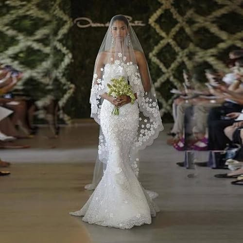 TEWAX Brautschleier 3D Blumen Lang Hochzeit Schleier Mantilla Hochzeit Zubehör Applikationen mit Spitze Blumen