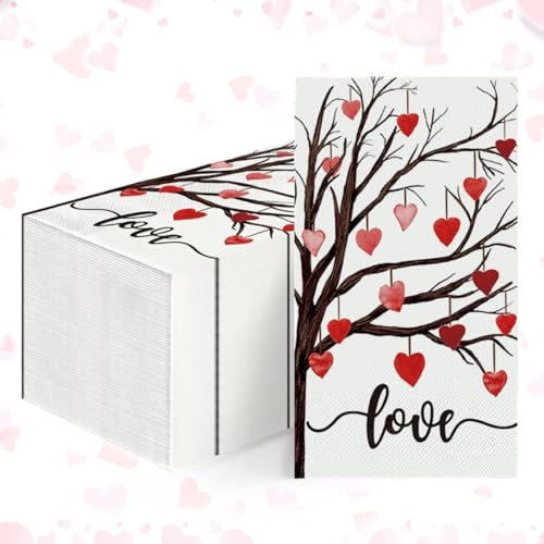 Horaldaily 100 Valentine Disposable Paper Decorative Guest Napkins, Love Tree Hand Towel for Party Lunch Dinner Kitchen Bathroom
