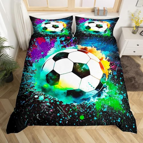 jejeloiu Football Kids Comforter Cover Set Queen Size Colorful Bedding Set for Boys Girls Teens Decor Soccer Ball Pattern Duvet Cover Set Sports Theme Bedspread Cover (No Comforter)