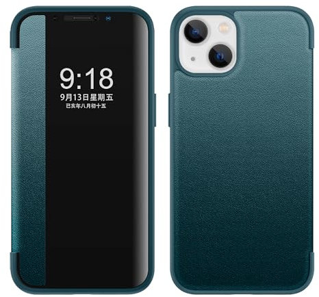 ZORSOME Schutzhülle für iPhone 14, Smart Clear View, ultradünn, Leder, Flip Schutzhülle für iPhone 14, Grün