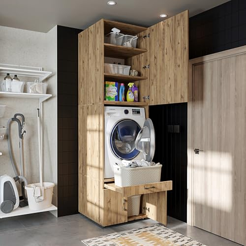 ROOMART , Waschmaschinenschrank mit Schrankaufsatz, Schublade & Ausziehbrett, Weiß, Schwarz Eiche, Waschmachinenüberbau (Schrank + Aufsatz (87 cm), Eiche)