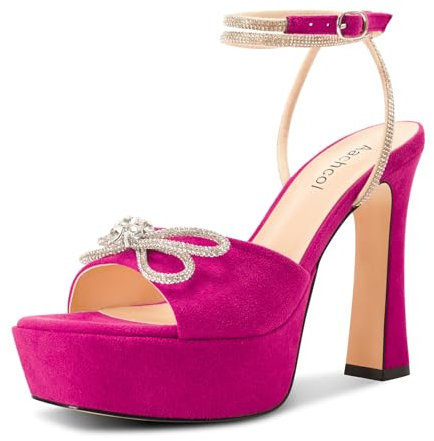 Aachcol Mujer Aguja Alto High Heel Abierta Punta Plataforma Sandalias Diamante Cristal Cierre con Hebilla Fiesta Dress Zapatos 12 CM Heels Fucsia 36 EU