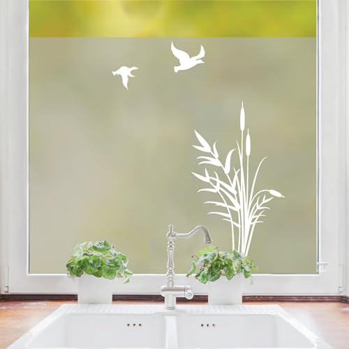 Wandtattoo Loft Sichtschutzfolie Fenster mit Schilf und Vögeln Motiv, Maritime Fensterfolie Blickdicht, Milchglasfolie, Maritime Fensterdeko Folie, Fenster Dekoration Maritim, Fenster Klebefolie