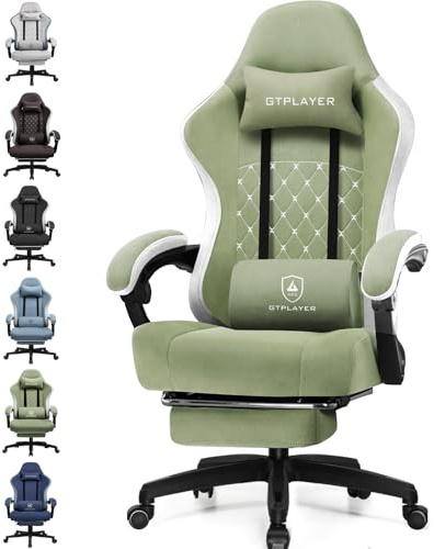 GTPLAYER Sedia da gaming, ergonomica, da scrivania, con superficie in tessuto, cuscino a molla, braccioli di collegamento e poggiapiedi,Verde
