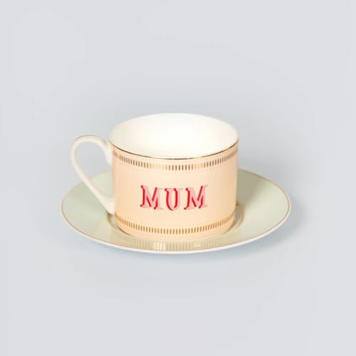 YVONNE ELLEN Mum Teacup & Saucer | Fine China Tea Cup and Saucer Set of 1, Elegant Teacup and Saucer Set, Cups and Saucers for Tea & Coffee, Cappuccino Cups and Saucers, Ceramic Coffee Cup | 250ml