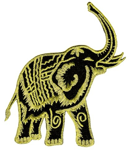 Elefant Schwarz Gold Aufnäher zum aufbügeln oder aufnähen Bügelbild Bügelpatch Aufbügler für Kleidung gestickter Bügelflicken Tier Applikation Patch Größe 12,5 x 11,0 cm