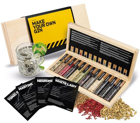 DIBYS Gin Botanicals Set, Gin Geschenkset, 12 Gewürze zum Selber Machen | Holzkiste mit Magnetverschluss, 12x 20ml Fläschchen, 4 Rezeptkarten & Gewürzlexikon, Vegan, glutenfrei, laktosefrei