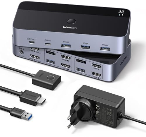 UGREEN Switch KVM HDMI 2.0 2 ingressi 2 uscite 4K 60Hz per 2 PC con 4 porte USB 5Gbps per tastiera, mouse, disco rigido, controller desktop compatibile con Windows, Linux, macOS