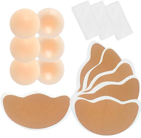 POMAMZ 3 Pairs Breast Lift Tape + Nipple Covers, Invisible Adhesive Bra Tape for Large Busts, Ultra-Thin, Breathable Lift Support, Waterproof Body Tape for Backless Dresses, Beige E-F