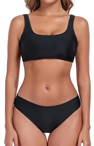 Vevarble Bikini Set Women Sporty Top Swimwear High Waist Bikini Bottom Two Piece Swimsuit,S,Black