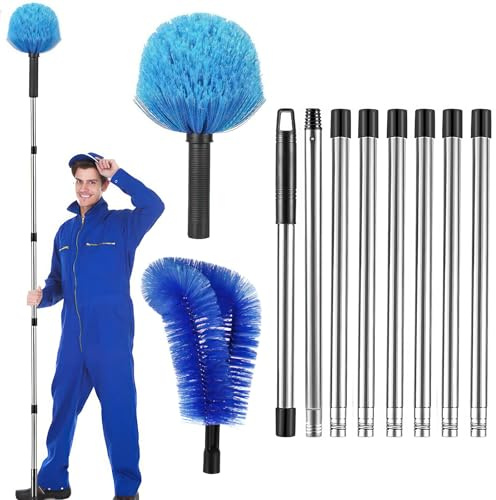 Gutter Cleaning Tools 8 feet, Telescopic Roof Cleaner with Round Brush and Curved Brush 2-in-1 Eaves Cleaning Brushes with 8 Poles for Ceiling Leaves Eaves Spider Webs Dust, Blue
