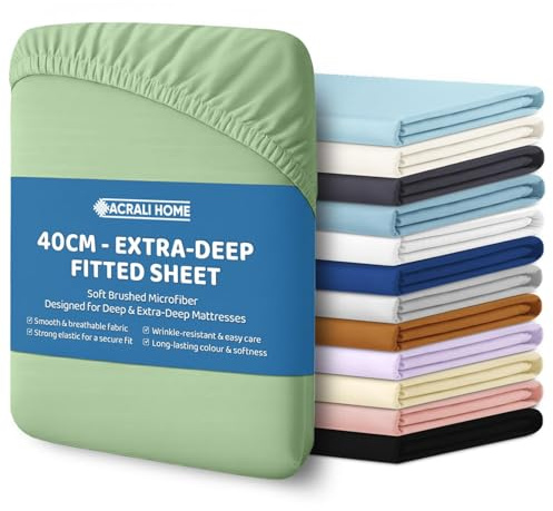 ACRALI HOME Double Fitted Sheet - 40cm Extra Deep Pocket, Microfiber Sage Green Bottom Sheet for Double Bed - Easy Care, Hotel Quality Soft Bedsheet - Breathable, Shrinkage & Fade Resistant